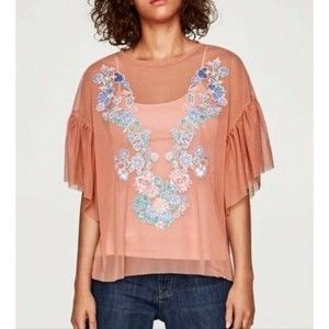 ZARA sheer patchwork top floral size 8 Medium short Ruffle sleeves coral